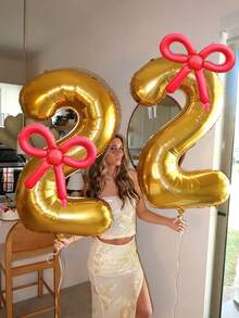 2pcs 40-Inch Gold Foil Number Balloons & 22-Inch Candy Red Hollow Bow Balloons, Suitable For Birthday Party, Anniversary, Bow Theme Decoration - Golden Numbers Set - View 1