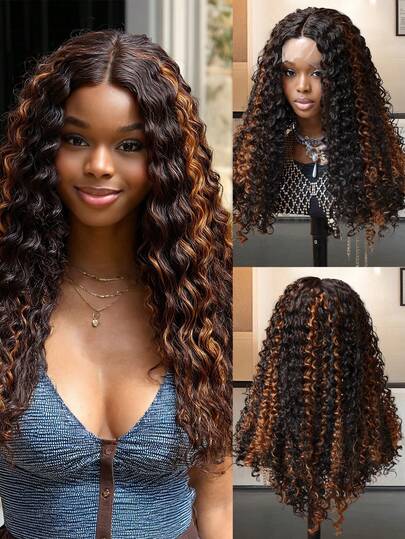 20英寸深波浪中分假发，13*5*1 T型蕾丝假发，带婴儿发，钢琴色，适合日常佩戴、家庭聚会、节日等场合，日本纤维材质，自然外观，中分设计。