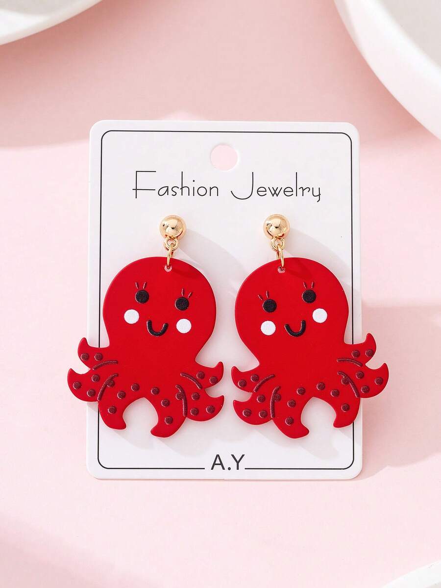 1 Pair Cute Octopus Enamel Faux Soft Pottery Design Fashion Jewelry Earrings, Suitable For Beach Party Wear - Red - View 1