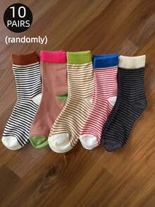 3/5/6/8/10/15/20 Pairs Women's Casual Striped Mid-Calf Socks, Retro Style Socks With Colorful Contrast, Suitable For Office, Casual Wear, Matching With Shoes, Dresses, Sportswear - Spring/Summer - Multicolor - View 25