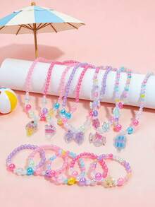 2件套女孩甜美夏日糖果冰淇淋吊坠串珠项链手链套装，适合女孩旅行、上学、日常佩戴、生日礼物 - 均碼 - 查看 1