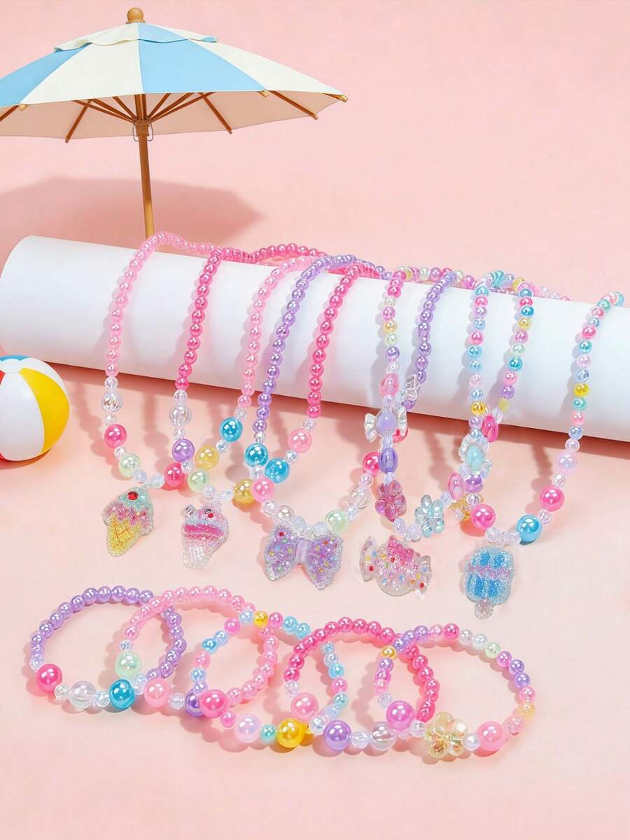 2件套女孩甜美夏日糖果冰淇淋吊坠串珠项链手链套装，适合女孩旅行、上学、日常佩戴、生日礼物 - 均碼 - 查看 1