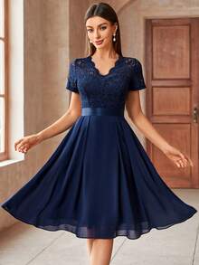 MIUSOL Elegant V-Neck Floral Lace Pleated Hem Chiffon Swing Dress, Suitable For Wedding Guests, Prom, Graduation Ceremony Summer - Navy Blue - View 4