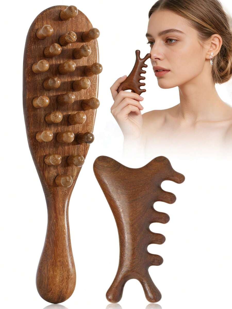 2件套天然檀香木粗齿按摩梳套装，面部美容按摩刷，宽齿设计，适合头皮按摩，适用于卷发/烫发，便携式家用美发造型梳，女士适用 - 棕色 - 查看 1
