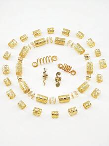 44pcs Multi-Shape Hair Rings With Stretchy Design - Shaped Spring Snake Adjustable Alloy Hair Cuffs, Boho Hair Jewelry For Boy & Girl's Dreadlocks & Braids - Gold - View 3
