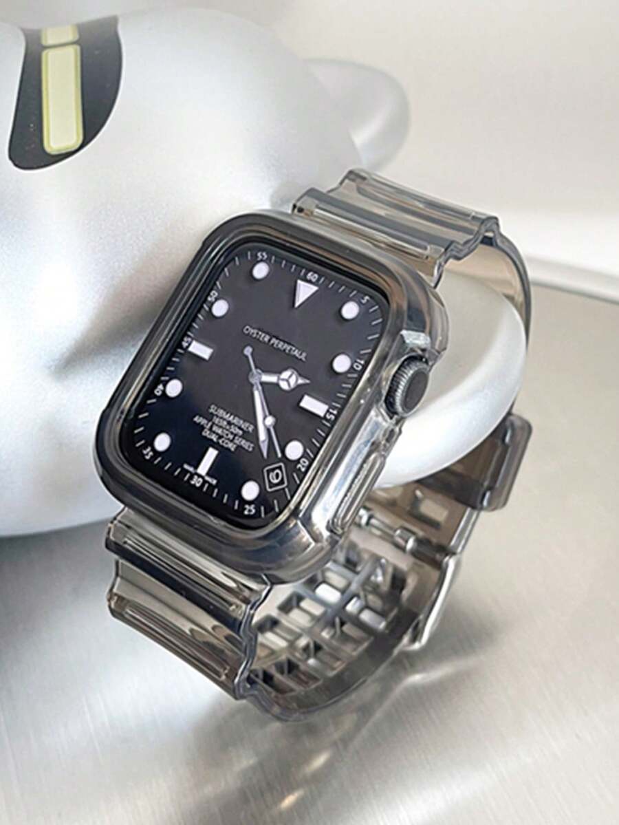 1 PIEZA Correa de reloj transparente negra con caja de reloj compatible con Apple Watch de 38 mm, 40 mm, 41 mm, 42 mm, 44 mm, 45 mm, 46 mm, 49 mm, correa de reloj inteligente transparente, accesorios de correa de reloj de moda compatibles con Series Ultra 11 10 9 8 7 SE3 6 5 4 3 2 1, accesorios de reloj, correa de reloj inteligente de repuesto, correas para smartwatch, correa de muñeca, adecuada para uso diario, viajes al aire libre, fiestas, gran regalo para hombres y mujeres - Negro - Ver 1