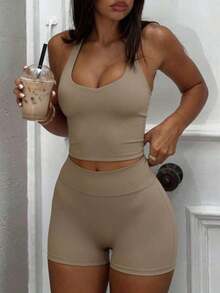 Women's 2 Pieces Summer Casual Sexy Camisole Top And High Waist Tight Shorts Set, Suitable For Running, Workout, Yoga, Fitness - 卡其色 - 查看 3