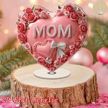 2D Acrylic Desktop Decor, Featuring Heart-Shaped Design With Rose And Ribbon Bow, Suitable For Mother's Day Home Decoration - A - View 2