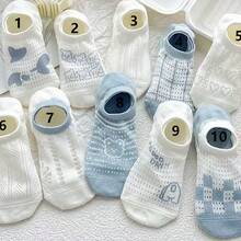 5 pares de calcetines casuales blancos tipo náutico para mujer, diseño delgado antideslizante, calcetines de estilo estudiantil con lindos dibujos animados tipo Ins - Multicolor - Ver 1