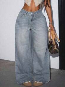 Women's Casual Loose Wide Leg Jeans With Pockets, Suitable For Daily Wear Spring - 老藍 - 查看 2