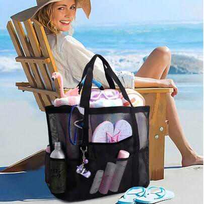 Túi lưới đi biển - Túi xách hồ bơi chống cát, dung tích cực lớn, có thể gấp gọn, nhẹ, thích hợp cho gia đình đi bơi, du lịch, có khóa kéo, phù hợp cho đi làm, hoạt động ngoài trời, du lịch, cắm trại, kỳ nghỉ, trường học, ký túc xá.