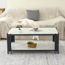Rectangular Coffee Table With Metal Legs, Marble-Effect Tabletop, Modern Living Room Furniture, Black – H46/W1140/D64 Cm - Black - View 5