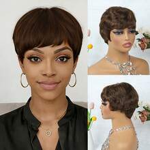 100% Brazilian Human Hair Wig Short Pixie Cut #4 Brown Straight Hair Elastic Mesh Cap Suitable For Daily Wear And Special Occasions - Women's Wig - S4 - View 4