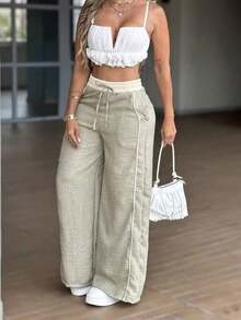 Y2K Light Greenish-Gray High Waist Wide Leg Pants, Loose Casual Trousers With Drawstring, European & American Style, Versatile & Slimming Straight Leg Pants Spring/Summer - Mint Green - View 4