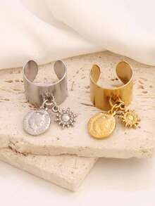 1 pieza Colgante con retrato de reina grabado de acero inoxidable, anillo redondo de moda a prueba de agua para mujeres - anillo - Ver 6