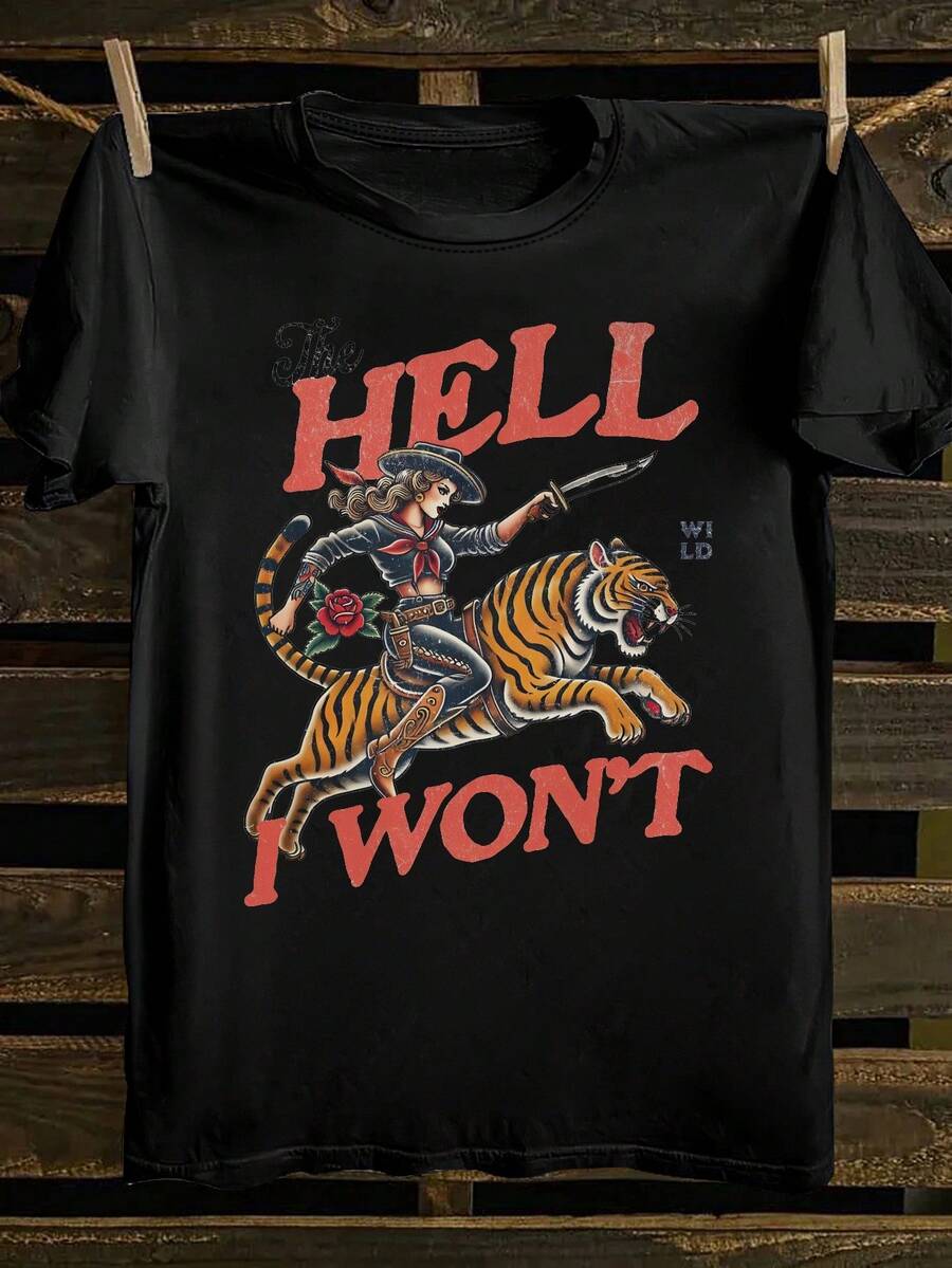 Women's "The Hell I Won't" Cowgirl T-Shirt – Retro Tiger Rider & Western Tattoo Graphic Crew Neck Tee, Wild Western Casual Top. This Is A Soft, Skin-Friendly, Versatile, Pure Cotton Women's Short-Sleeve Top, Suitable For Daily Commuting, Casual Outings, And Sporty Wear. It's A Loose, Comfortable, And Sporty Spring/Summer Women's Pure Cotton T-Shirt, Perfect As A Base Layer - 黑色 - 查看 1