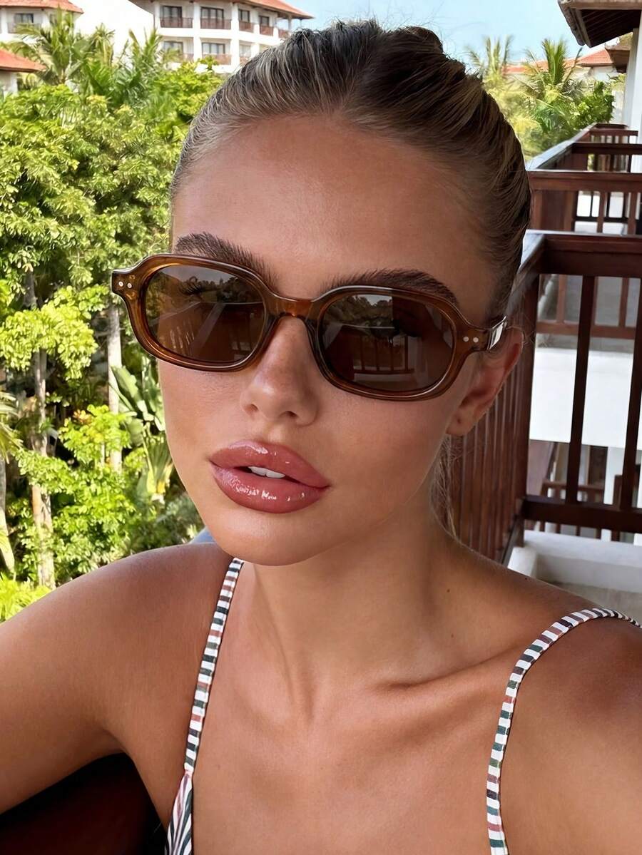 1 Pair Brown Square Small Frame Sunglasses For Women And Men, Suitable For Party, Travel, EDM Festival, Sports Style, Driving, Holiday Outfit, Beach, Outings, Summer Accessories, Vacation, Family Outing, UV Protection, Golf, Hiking, Elegant Style, Street Fashion Accessory, Sports, Outdoor Activities, Street Style, Fishing, Outdoor Activities, Vacation, Sun Protection, Holiday - 棕色 - 查看 1