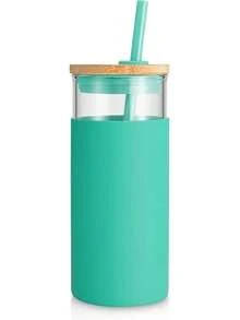 20 Oz Glass Tumbler With Lid And Straw, Iced Coffee Cup And Smoothie Cup With Bamboo Lids & Protective Silicone Sleeve, Dishwasher , Glass Cup 1 Pack - Green - View 1