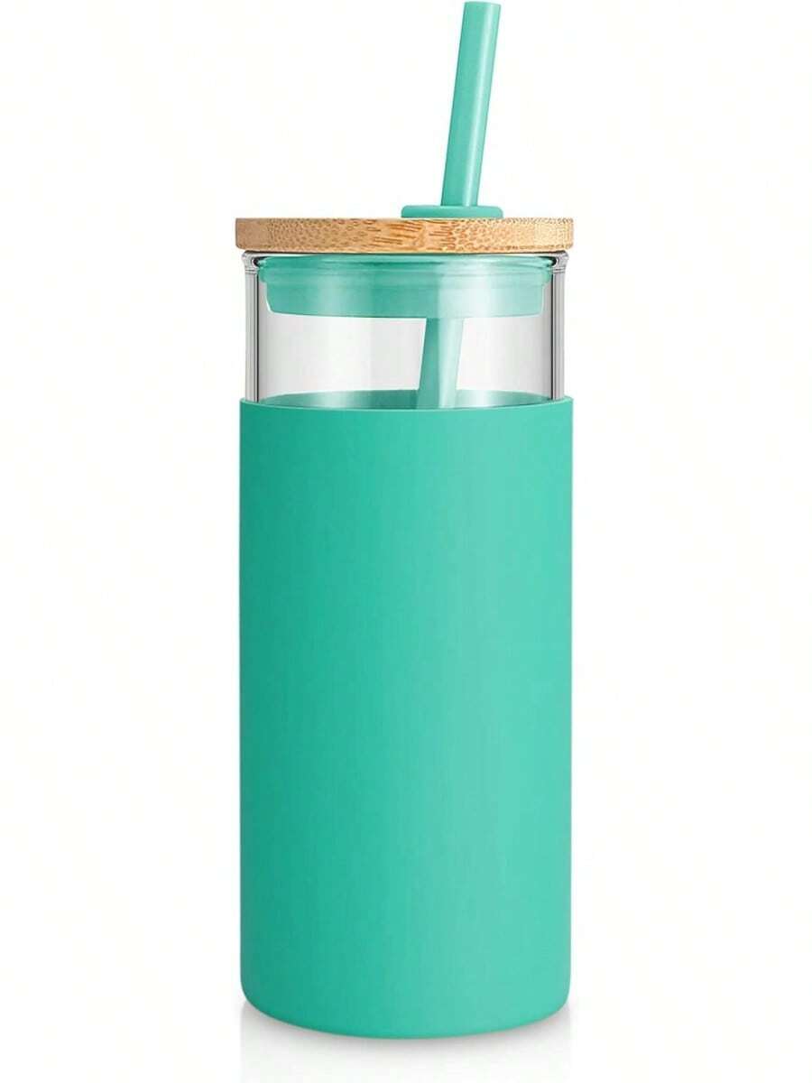 20 Oz Glass Tumbler With Lid And Straw, Iced Coffee Cup And Smoothie Cup With Bamboo Lids & Protective Silicone Sleeve, Dishwasher , Glass Cup 1 Pack - Green - View 1