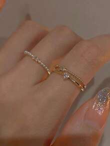 5pcs Fashionable Minimalist Delicate High-Grade Micro-Inlaid Zirconia Faux Pearl Heart Double-Layer Chain Design Unique Daily Versatile Adjustable Copper Rings Set (Excluding Gift Box) For Women - Yellow Gold - View 8