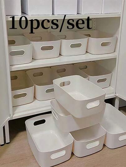 10 piezas Cajas de almacenamiento de plástico blanco con asas, cestas organizadoras de uso múltiple para el hogar, la cocina, el baño, la oficina, el dormitorio, cajas de almacenamiento abiertas para la organización del hogar, organizadores de cajones, cajas de almacenamiento para el escritorio, cestas para estanterías