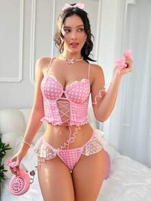 两件套女士粉色格子印花露背浪漫性感睡衣套装 - 粉色 - 查看 4