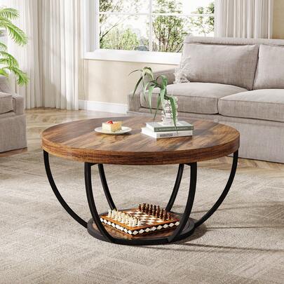Tribesigns 80 Cm Round Coffee Table, Industrial 2-Tier Coffee Table Storage, Modern Wooden Accent Center Desk Sofa Side For Living Room, Home Office, Rustic Brown& Black