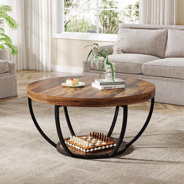 Tribesigns 80 Cm Round Coffee Table, Industrial 2-Tier Coffee Table Storage, Modern Wooden Accent Center Desk Sofa Side For Living Room, Home Office, Rustic Brown& Black