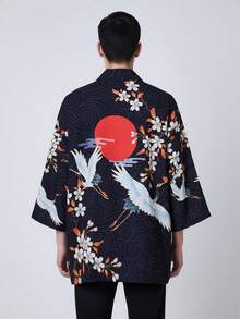 中国风仙鹤印花复古开襟汉服和服，夏季沙滩度假雪纺罩衫，日式休闲宽松外套 - 黑色 - 查看 3