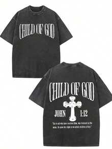 GLEC Child Of God, God Blesses You Classic Retro Fashion Street Cross Jesus Popular Letter Pattern 230g Washed Cotton T-Shirt Men's Summer HighQuality - 純黑色 - 查看 1