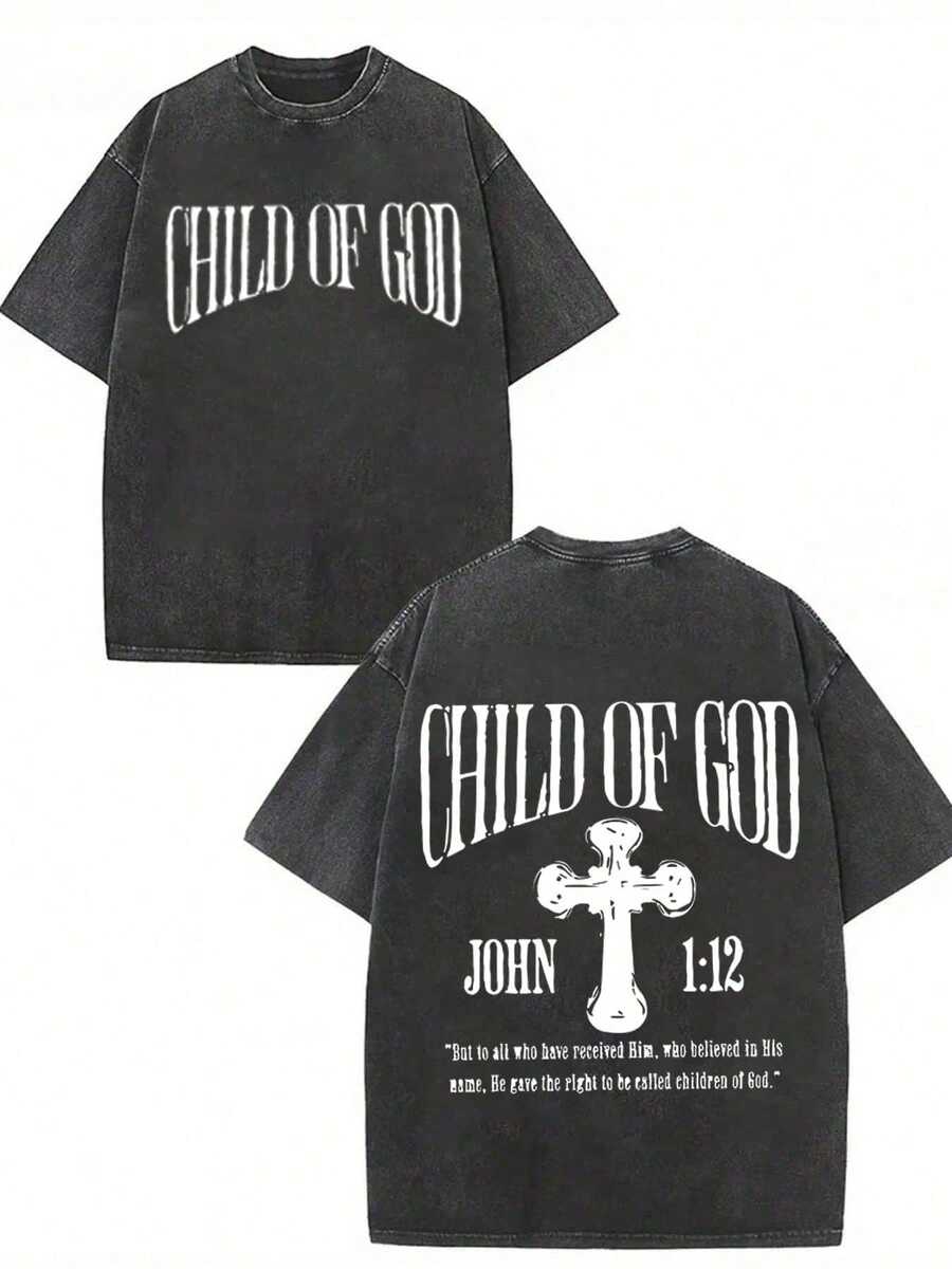 GLEC Child Of God, God Blesses You Classic Retro Fashion Street Cross Jesus Popular Letter Pattern 230g Washed Cotton T-Shirt Men's Summer HighQuality - 純黑色 - 查看 1