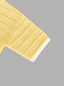 女士短袖针织开衫：高领，布质纽扣，口袋，撞色滚边 + 宽松弹力短裤。时尚舒适的两件套度假套装。春季 - 黃色 - 查看 9