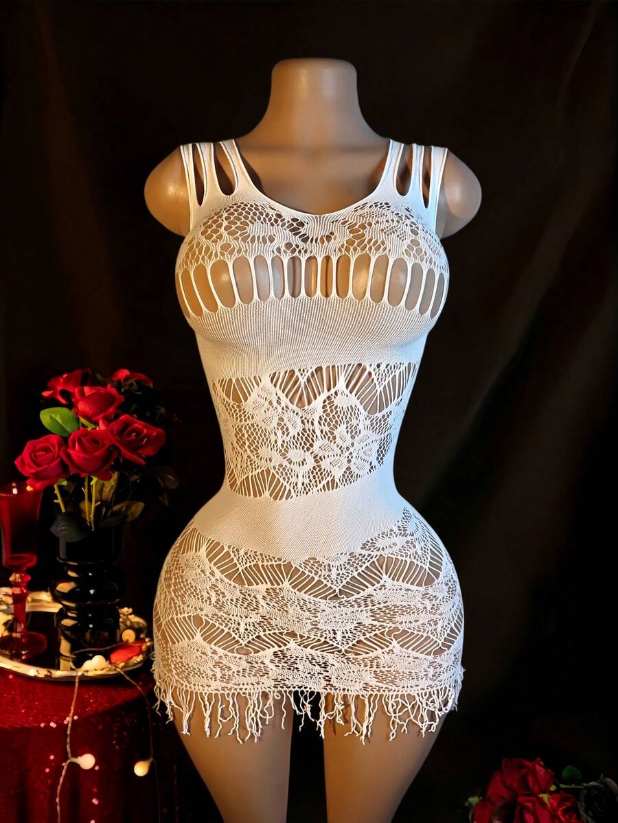 性感镂空蕾丝连衣裙，透视紧身流苏款，夜店派对必备单品 - 白色 - 查看 1