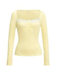 Sunshine Girl Yellow Lace Camisole Top, Y2K College Style, Fitted Square Neck Long Sleeve, Women Summer Back To School Casual Spring - Màu vàng - Xem 3