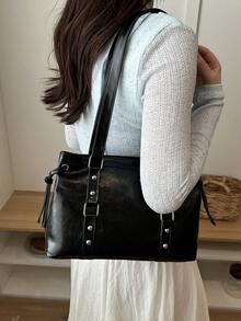 1 chiếc túi tote cỡ lớn kiểu cổ điển, túi đeo chéo cỡ lớn tiện dụng cho người đi làm, túi xách nữ màu đỏ rượu vang thời trang kiểu dáng xe máy, chất liệu da PU phủ sáp dầu màu trơn, dây đeo trang trí, khóa kéo, màu đỏ tía, túi đeo vai nữ thích hợp đi chơi, đi làm, đi học, đi du lịch ngắn ngày, đi nghỉ mát, làm quà tặng, quà sinh nhật, mua sắm, công tác, lý tưởng cho sử dụng hàng ngày. - màu đen - Xem 6