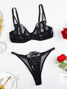 2 piezas Conjunto de lencería sexy para mujer, sujetador con aros y push-up con bordado floral - Negro - Ver 2