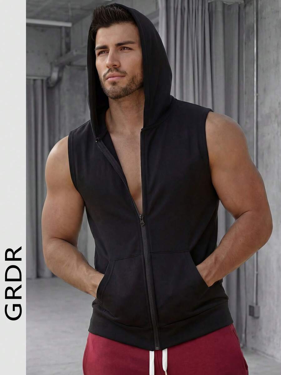 GRDR 复古极简街头风无袖连帽背心，健身休闲两相宜 - 黑色 - 查看 1