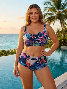 Plus Size High Waist Bikini Set For Women, Abstract Print 2 Pieces Swimwear With Adjustable Lace-Up, Tummy Control Full Bust Support Bathing Suit For Beach Holiday - Lake Blue Background - View 2