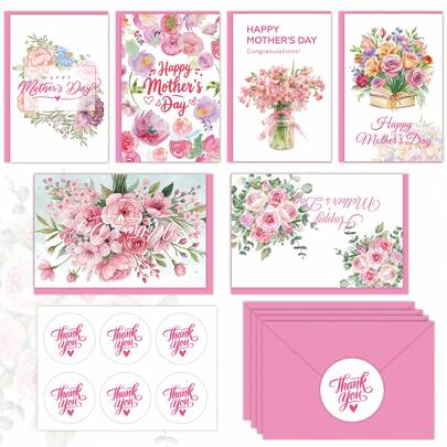 (6 Cards + 6 Envelopes + 6 Stickers) Floral Mother's Day Greeting Card Set, Can Be Used As Thank You Card, Birthday Card, Great Gift For Mom, Wife, Also Suitable For Christmas, Mother's Day, Father's Day, New Year