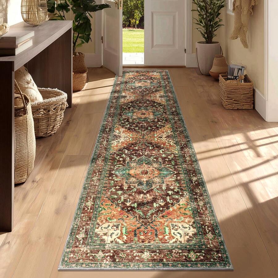 Yamaziot Washable Runner Rug, 2x8 Non-Slip Boho Vintage Hallway Rug Runner With Rubber Backing, Stain Resistant & Low Pile Faux Wool Distressed Carpet Runner Bedroom, Kitchen, Laundry, Entrance NRHZ - 薑灰 - 查看 1