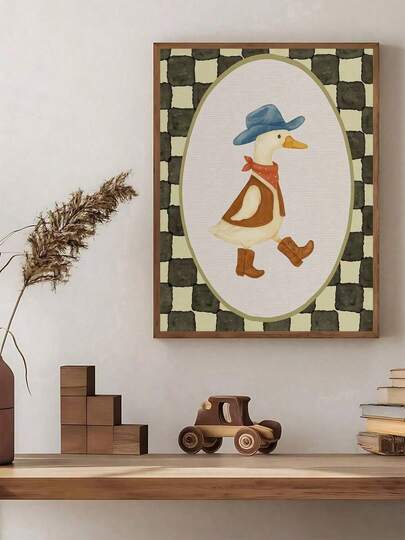 1pc Vintage Cowboy Goose Wall Art, Western Theme, Checkered Wall Decor, Western Duck Wall Art, Animals Wall Art, Festival Gift, Bedroom Decor, Living Room Decor, Office Decor, Kitchen Decor, Wall Arts, Wall Decor, Home Decor, Room Decor, Canvas Wall Art, Posters, Wall Art With Frame, Optional Frame ,Perfect For Space Decoration