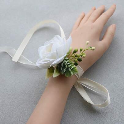 1朵高档白色山茶花腕花，适合新郎、新娘、伴郎、伴娘、婚礼、订婚、派对、旅行、晚宴、校园庆典等场合。