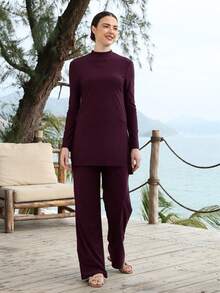 VFJ Women's Burgundy High Waist Burkini Set With Round Neck Long Sleeve Top, Casual High Stretch Swimwear For Fall Winter Vacation Beach Summer - Purple - View 6