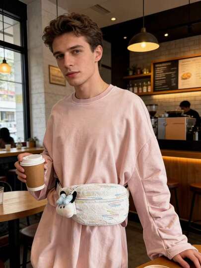 新款日式涂鸦刺绣腰包，休闲百搭斜挎胸包，适合学生、通勤、运动、骑行等场合，可装手机，大容量单肩包。吊坠毛绒玩偶需另行购买。