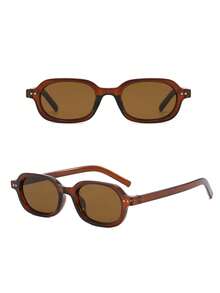 1 Pair Brown Square Small Frame Sunglasses For Women And Men, Suitable For Party, Travel, EDM Festival, Sports Style, Driving, Holiday Outfit, Beach, Outings, Summer Accessories, Vacation, Family Outing, UV Protection, Golf, Hiking, Elegant Style, Street Fashion Accessory, Sports, Outdoor Activities, Street Style, Fishing, Outdoor Activities, Vacation, Sun Protection, Holiday - 棕色 - 查看 2
