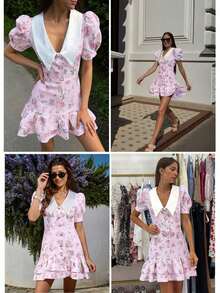 春夏街头风休闲翻领前襟纽扣后背扎染印花连衣裙，西式、波西米亚风、音乐节、度假仙女风连衣裙，优雅百搭。 - 淺粉色 - 查看 8