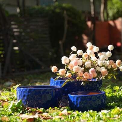 Set Of 3 Handmade Ceramic Flower Pots (Ø 38.1/30.5/25.4 Cm), Cobalt Blue Hammered Pattern Surface, Ideal For Succulents/Purple Plants, Indoor/Outdoor, Windowsills/Shelves, Breathable Clay.