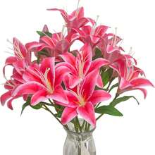 6pcs 23-Inch Artificial Lily Stems With 3 Full Blooms And 4 Leaves, Latex Material, Realistic Touch, Suitable For Wedding Bouquets - Hot Pink - View 2