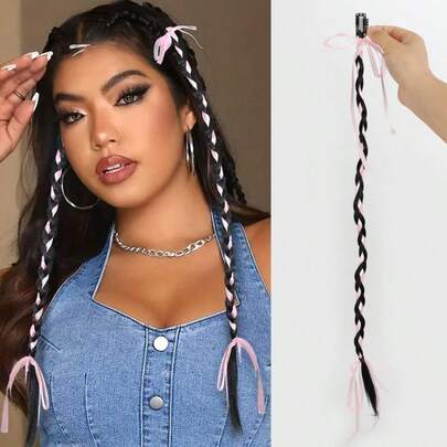 1pc Faux Hair Ponytail Braid With Ribbon Bow Clip, Synthetic Braided Pigtail Hairstyle, Sweet & Spicy Punk Style