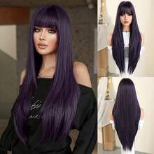 7JHH WIGS 34英寸超长直发紫色假发，带刘海 - 超长自然层次假发，高品质柔软合成纤维假发，适合女性日常佩戴、节日派对、毕业礼物 - 初学者无需胶水即可佩戴假发 - 紫色 - 查看 11